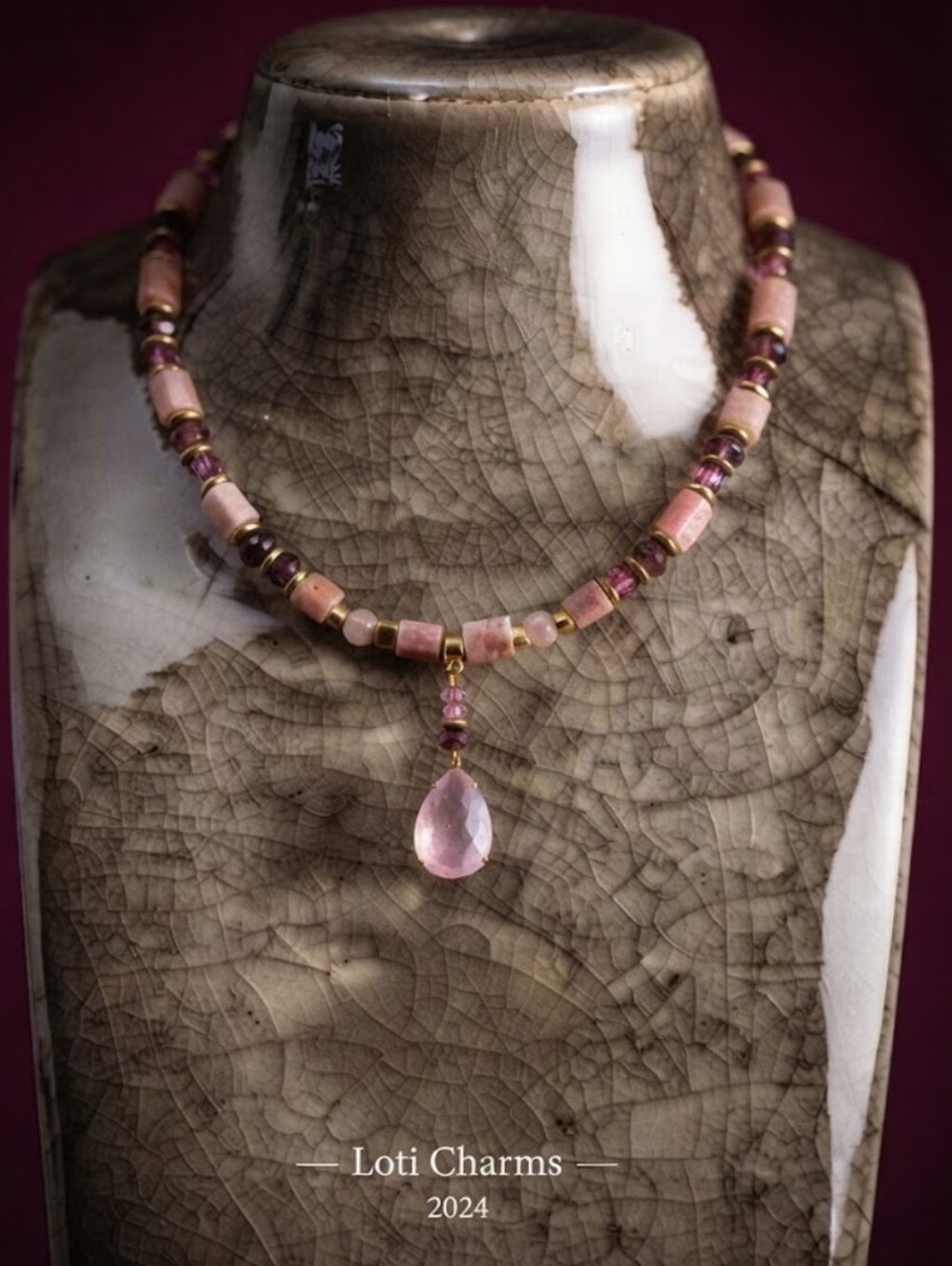Natural Genuine Pink Opal & Pink Glass in GP Necklace w/ Powder Pink Crystal